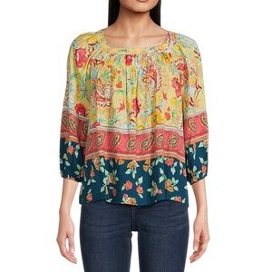 Fig & Flower Women Plus 1X Yellow Blue Floral Blouse 3/4 Puff Sleeve Square Neck